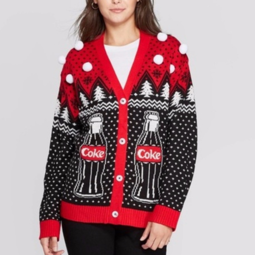 #4 Women's Coca-Cola Ugly Christmas Cardigan Sweater Polar Bears Pom Poms